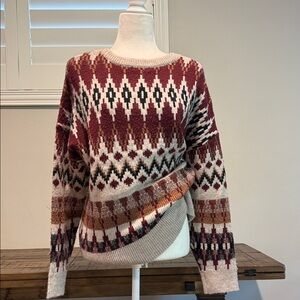 Frye Burgundy and Cream Geometric Sweater